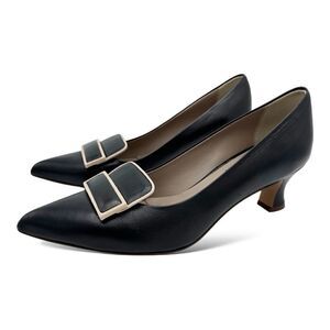 L’idea by Lori Black Pointed Pumps Taupe Trimmed Leather Rectangle Embellishment
